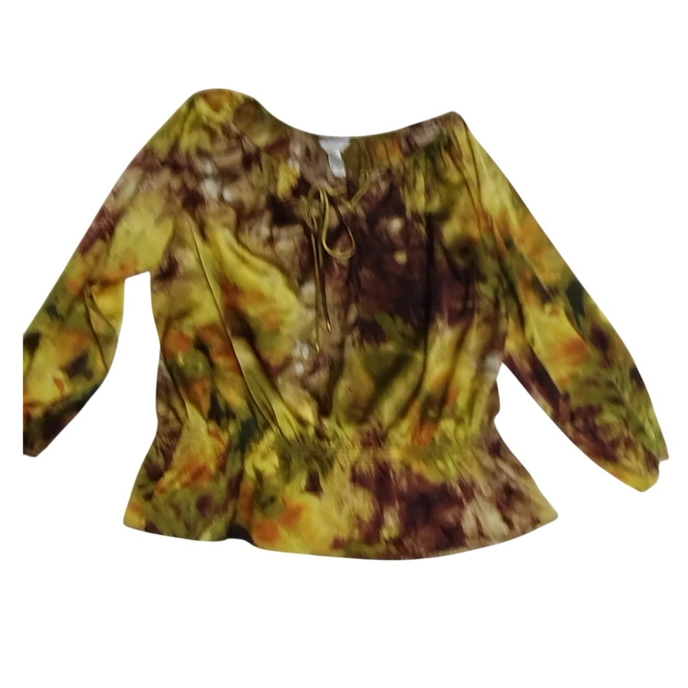 CJ Banks Women's 2X Peasant Blouse Autumn‎ Leaf Print Tie Neck Stretchy Top